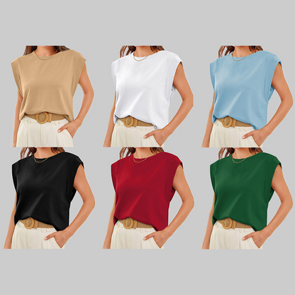 💖Limited Sale 50% OFF💖Solid Color Round Neck Cap Sleeve Top
