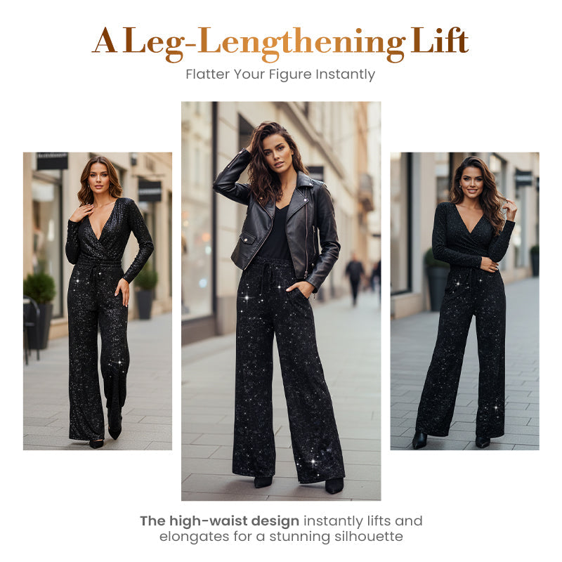 📢📢50 % OFF !!🎅Women's Sequin Sparkle Wide Leg Pants with Elastic Waistband