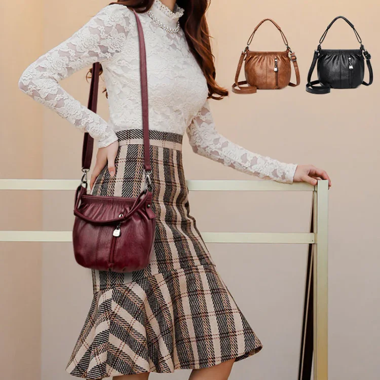 🔥Casual Pleated Bucket Soft Leather Handbag Shoulder Bag
