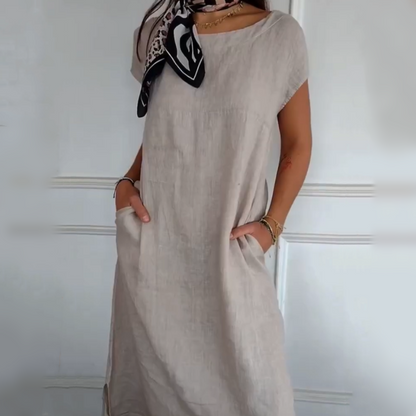 🏖️Summer Hot Sale 50% OFF🌼Women's Round Neck Short Sleeve Cotton Linen Dress