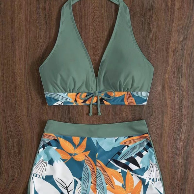 Leaf Print Halter V-Neck Two-Piece Swimsuit