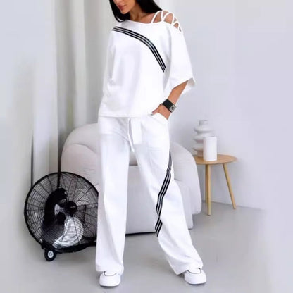 Women’s Striped Short-Sleeve Tops ＆ Pants Two-Piece Set