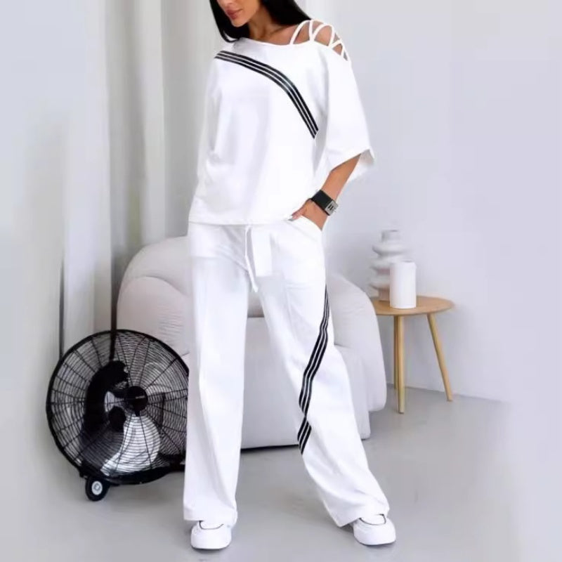 Women’s Striped Short-Sleeve Tops ＆ Pants Two-Piece Set