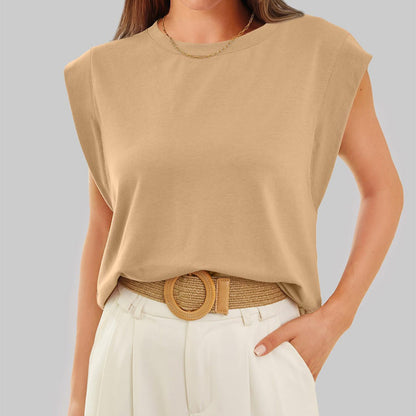 💖Limited Sale 50% OFF💖Solid Color Round Neck Cap Sleeve Top