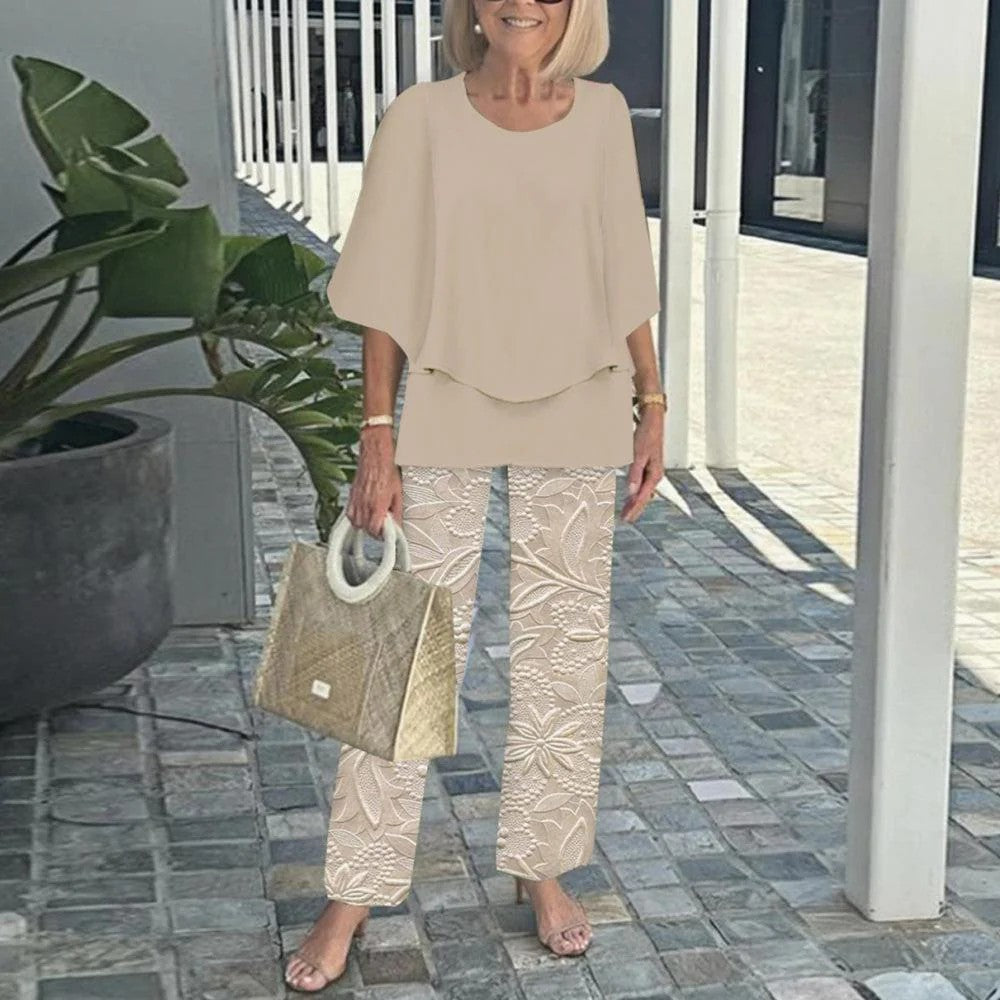 Women’s Casual Round Neck Half Sleeve Top Printed Pants Two Piece Set