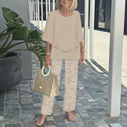Women’s Casual Round Neck Half Sleeve Top Printed Pants Two Piece Set