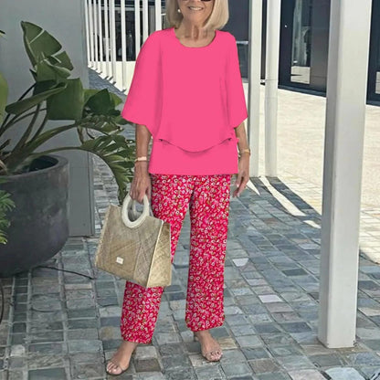 Women’s Casual Round Neck Half Sleeve Top Printed Pants Two Piece Set