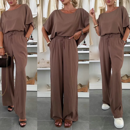 Solid Color Short Sleeve Top & Drawstring Pants 2-Piece Set