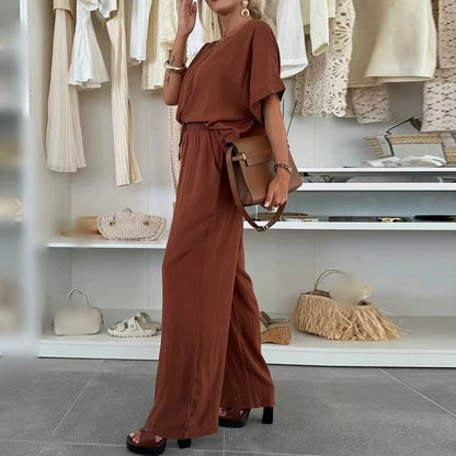 Solid Color Short Sleeve Top & Drawstring Pants 2-Piece Set