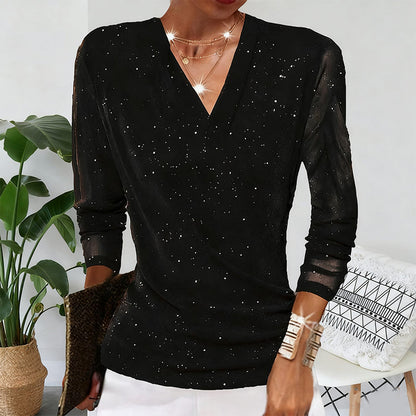 🔥Hot Sale Offers-Women's Sparkle Crossover V-Neck Long Sleeve Top