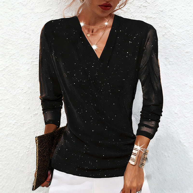 🔥Hot Sale Offers-Women's Sparkle Crossover V-Neck Long Sleeve Top