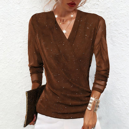 🔥Hot Sale Offers-Women's Sparkle Crossover V-Neck Long Sleeve Top